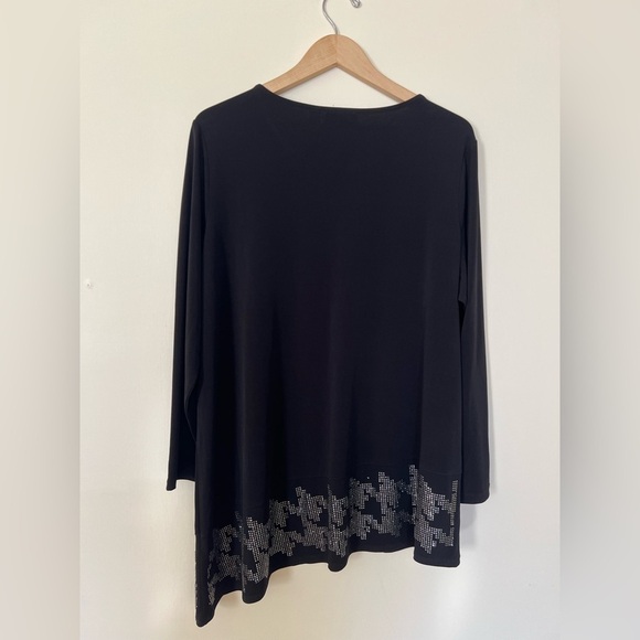 Susan Graver‎ Artisan Womens Top Black 1X Asymmetrical Rhinestone Casual Shimmer - Picture 3 of 16